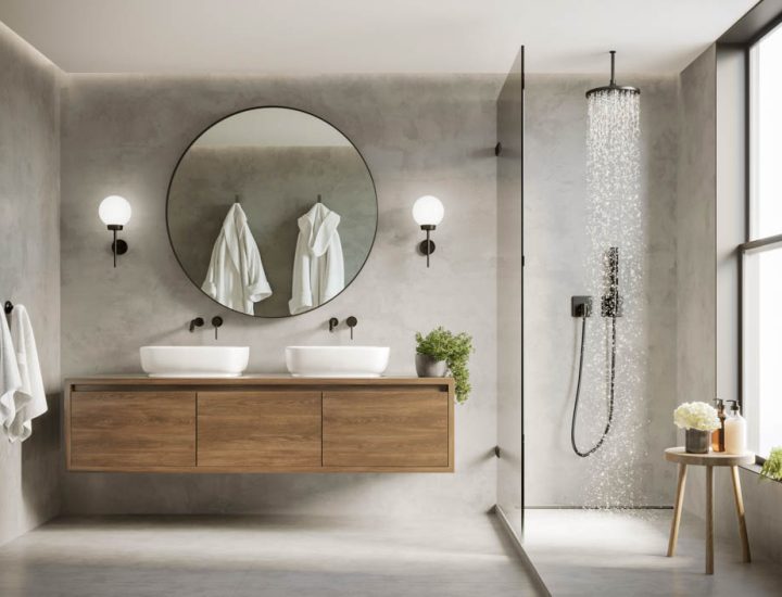 3d modern contemporary grey concrete bathroom with round mirror